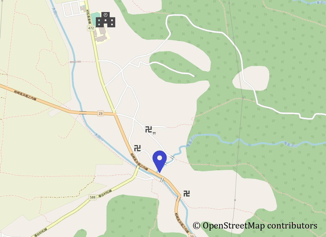山岡屋村松店の周辺の地図です。青いピンが店舗位置を指しています。
